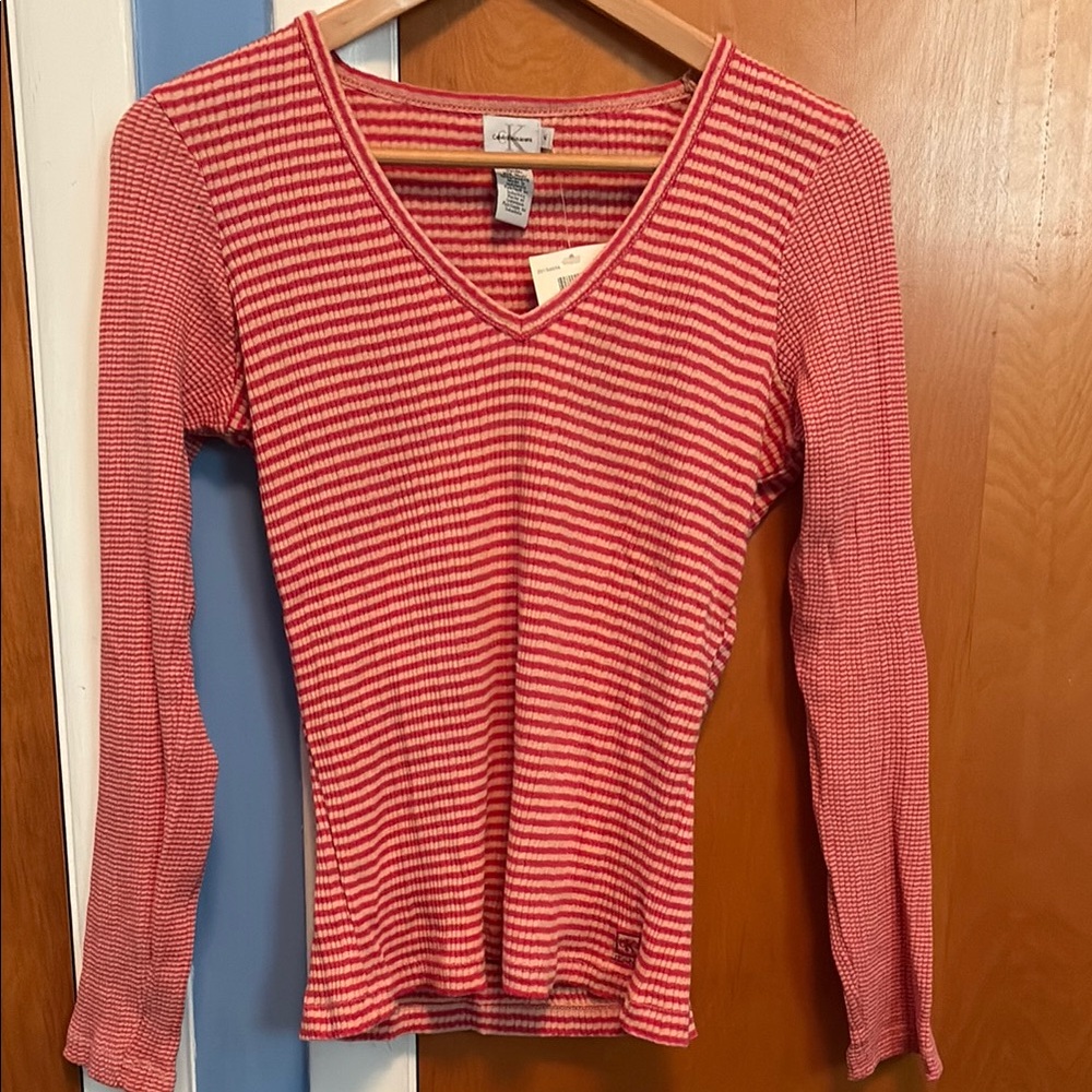 Calvin Klein Pink and White Ribbed Long Sleeve Blouse